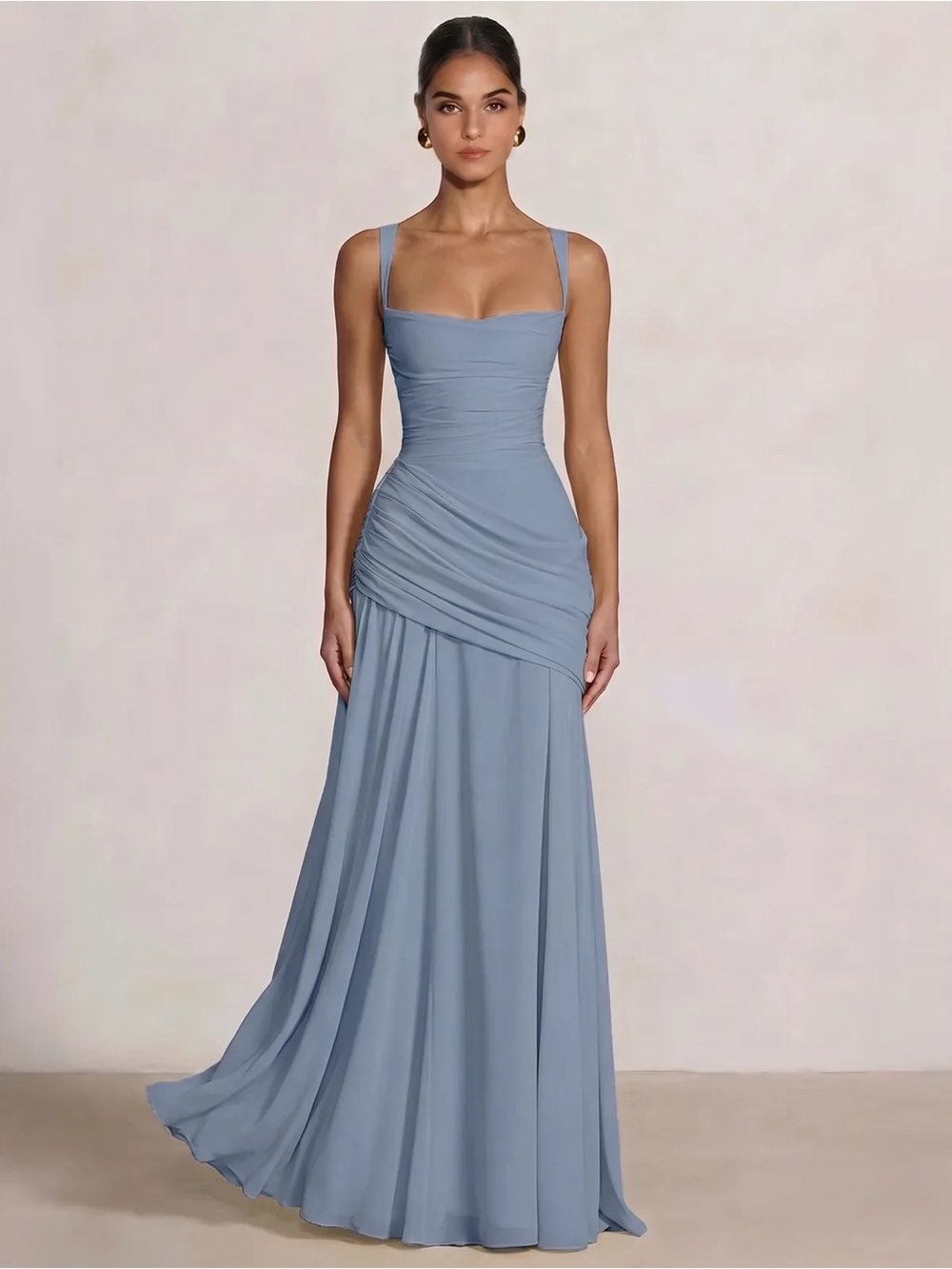 Satin-Look Dusty Blue Ruched Maxi Dress
